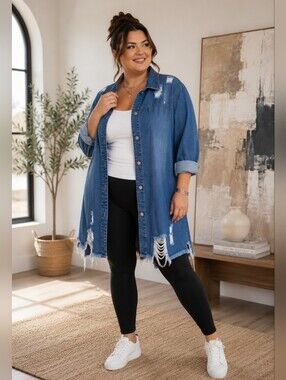NWOT Distressed Denim Shacket Oversized Shirt Jacket Relaxed Fit Y2K Style